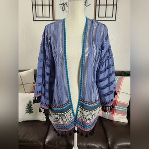 Conditions Apply Anthropologie Open-Front Boho Chic Kimono Blue Weaving‎ Tassels